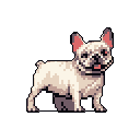 This pixel art features an adorable, light-fawn French Bulldog with a big, happy smile. The friendly pup stands alert and ready to play, its cheerful expression radiating warmth and cuteness.