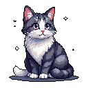 A charming pixel art tabby cat with bright blue eyes sits alert and curious, its cool grey and white fur highlighted against a stark black background dotted with faint, star-like pixels. The image captures a peaceful and slightly whimsical moment with the gentle feline.