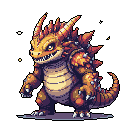 A charming yet fierce pixel art creature, resembling a dragon or dinosaur, stands boldly with its vibrant scales and spiky armor. The warm color palette and detailed pixel work give this stout beast a powerful and endearing vibe, reminiscent of classic monster-taming games.