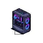 This pixel art showcases a sleek, modern PC tower ablaze with vibrant RGB lighting.  Electric blue and magenta fans illuminate the dark case, hinting at the powerful components within. The image blends retro pixel aesthetics with a futuristic vibe.