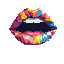 This vibrant pixel art piece features a stylized, open mouth rendered in a kaleidoscope of pink, yellow, teal, and purple hues. The playful and energetic design evokes a modern pop art aesthetic with a retro gaming feel.