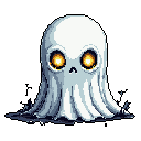 A cute yet eerie pixel art ghost with glowing eyes floats against a stark background. Its simple design and melancholic expression evoke a sense of nostalgia and the supernatural.
