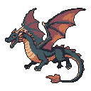 A fierce, teal-colored Western dragon roars mid-flight, its orange wings spread wide against a black backdrop in this striking pixel art piece. The limited color palette and dynamic pose evoke a sense of power and nostalgia.