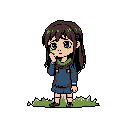 A young anime-style girl with downcast eyes contemplates something, her hand to her chin, suggesting worry or sadness. Scattered green pixels hint at a connection to nature, contrasting with her dark uniform and somber expression.