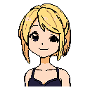 This pixel art portrait features a cute, anime-style blonde with large, expressive eyes and a gentle smile. The character, wearing a dark top, is the focus against a stark black background.