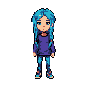 A pixel art portrait depicts a young woman with long blue braids, wearing a purple sweatshirt and ripped jeans, against a black background. Her gentle expression and cool color palette create a calm and slightly introspective vibe.