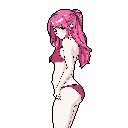 This pixel art portrait features a pink-haired woman in a bikini, gazing thoughtfully at the viewer with a shy demeanor. The minimalist style and absence of background create an intimate character study.
