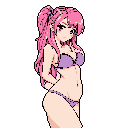 This pixel art depicts a poised young woman with flowing pink pigtails and a lavender bikini against a black background. Her thoughtful expression and confident stance create a serene yet captivating character study.