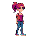 This pixel art showcases a stylish and self-assured young woman with vibrant pink hair, ripped jeans, and teal sneakers. Set against a stark black backdrop, her magenta top and cool demeanor evoke a modern, casual vibe reminiscent of a retro game character.