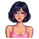 This vibrant pixel art portrait captures a stylish young woman with an expression of gentle surprise. Her cool blue-black hair, light pink glasses, and gold hoops pop against the dark background, creating a cute and nostalgic character design.