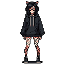 This pixel art showcases a stylish "e-girl" character with cat ears and an oversized hoodie, complete with fishnet stockings and headphones. Against a solid black background, she exudes a casual yet edgy vibe.