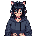This pixel art portrait features a young woman with dark, shaggy hair, cat ears, headphones, and glasses, creating a calm and slightly introverted vibe. Dressed in a dark hoodie and choker, her gentle expression hints at a love for gaming, music, or quiet contemplation.