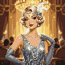 This pixel art portrait captures a glamorous flapper-era woman with golden curls and a feathered headband, her confident gaze and poised posture exuding 1920s sophistication. Dressed in shimmering silver-grey and pearls, she embodies elegance in a luxurious ballroom setting.
