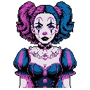 This pixel art portrait features a stern clown with striking magenta and blue makeup against a black background, creating a "creepy cute" aesthetic. Her tilted head and downturned mouth suggest a melancholic or defiant character, a departure from typical clown joviality.