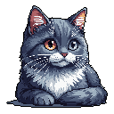 This pixel art portrait features a charming blue-gray cat with captivating heterochromia (one amber eye, one blue) gazing attentively. The detailed fur and soft expression create a uniquely endearing mood.