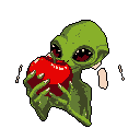 A curious green alien, set against a black void, intently examines and delicately bites into a bright red apple. The pixel art image captures a moment of wonder as the wide-eyed creature interacts with the earthly fruit.