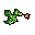 A retro-style pixel art image shows a green dragon-like creature in flight, poised to interact with a small, mysterious orange square. The minimalist design and limited color palette evoke classic video game aesthetics.