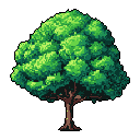 This pixel art image showcases a lush, mature tree with detailed foliage and textured bark, rendered in vibrant greens and browns. The tree's natural form and the classic pixel style evoke a sense of peacefulness and nostalgia.