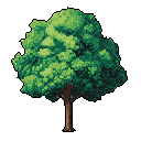 A lush, pixelated deciduous tree with vibrant green foliage and a textured brown trunk stands out against a stark black background. The detailed, naturalistic color palette and careful rendering create a peaceful and nostalgic vibe. This solitary tree evokes classic video game aesthetics.