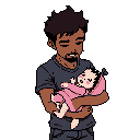 This pixel art image captures a tender moment between a bearded man and a baby girl swaddled in pink, held lovingly in his arms. The simple style and warm color palette evoke a feeling of peace and affection.