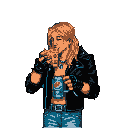 A pixel art image depicts a cool, edgy young man with long blonde hair and a leather jacket, taking a sip or smoking with a calm demeanor. His rebellious style is highlighted by his cut-off shirt, distinctive graphic, and overall 80s/90s video game aesthetic.