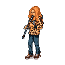 This pixel art depicts a musician absorbed in playing the clarinet, sporting a cool leopard-print shirt and a focused expression. The warm color palette and simple design create a retro, indie vibe.
