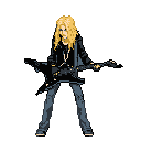 A lone, blonde-haired metal guitarist shreds on a V-shaped guitar, captured in pixel art with an intense, performance-ready stance. The figure's rock and roll energy is amplified by the stark black background, highlighting the vibrant hair and focused expression.
