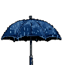 A pixelated navy umbrella, caught mid-downpour, is rendered in cool blues and grays against a stark black backdrop, evoking the quiet calm of a rainy day.