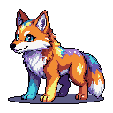 A vibrant pixel art fox-like creature with striking orange fur and magical splashes of cyan, purple, and yellow stands alert, its large blue eyes hinting at a mystical nature. The creature's enchanting design and soft features evoke a sense of wonder and nostalgia.