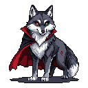 A menacing yet stylized pixel art vampire wolf snarls, its crimson cape and sharp fangs hinting at its predatory nature. This dark fantasy portrait blends gothic horror with a touch of playful charm.