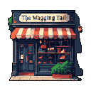 "The Wagging Tail" is a charming pixel art pet store, its dark facade brightened by a striped awning and a lush planter box overflowing with greenery. The quaint shop, with its inviting display window, evokes a nostalgic and cozy neighborhood atmosphere.