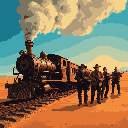 A vintage-style pixel art image captures a classic Western scene with a powerful steam train and a determined group of armed figures marching across a desolate desert landscape. The muted color palette and low angle evoke a sense of rugged adventure and a resolute atmosphere.
