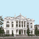 This pixel art image showcases a grand, light-stone building, possibly a courthouse or church, with intricate architectural details. Flanked by foliage, the building's symmetrical facade and classical elements evoke a sense of historical significance and quiet dignity.
