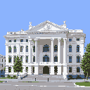 This pixel art showcases a grand, neoclassical building with impressive columns and a detailed facade, evoking civic grandeur and historical significance. The meticulously rendered structure stands under a clear, light blue sky, flanked by scattered trees. Its symmetrical design and muted tones contribute to a calm and stable aesthetic.