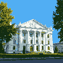 This pixel art image showcases a grand neoclassical building, possibly a courthouse or university, with impressive columns and intricate details. The stately edifice stands proudly against a clear blue sky, framed by lush green trees. The artwork evokes a sense of history and peaceful permanence.