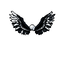 A stylized pixel art bird soars from the darkness, its wings spread wide in a display of minimalist majesty. The stark contrast of white and grey feathers against a black void creates a powerful and iconic image.