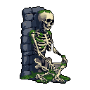 A pixel art skeleton, covered in green moss, leans wearily against a stone wall, holding a small bottle-shaped object. The image evokes a sense of decay and mystery, hinting at a long-forgotten story.