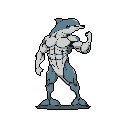 This pixel art depicts a muscular, anthropomorphic dolphin creature in a powerful pose against a stark black background. The unique design blends aquatic features with a bodybuilder's physique, creating a formidable and fantastical character.