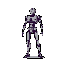 A stark, monochromatic pixel art image depicts a detailed, humanoid robot standing in idle readiness. The mechanical figure, rendered in cool greys and purples, exudes a quiet intensity and potential in its isolated depiction.
