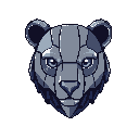 This pixel art features a stoic, robotic bear head rendered in cool blues and grays, its metallic plating suggesting a futuristic and imposing presence. The bear's luminous eyes gaze forward, creating a powerful and watchful impression.