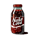 This pixel art image showcases a detailed Nuka-Cola bottle, complete with its signature label and effervescent drink. The iconic design pops against the dark background, creating a nostalgic and collectible feel.