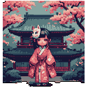 A young woman with a fox mask atop her head stands serenely before a Japanese temple, adorned in a soft pink kimono. The pixel art scene is framed by blooming cherry blossoms, creating a peaceful and nostalgic atmosphere.