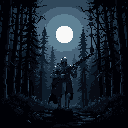 A lone, armored figure stands vigilant in a dark forest under the watchful gaze of a full moon, their silhouetted form hinting at a silent guardian. The pixel art style evokes a nostalgic and mysterious atmosphere.