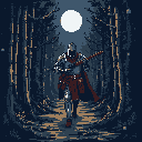 A pixel art knight in full armor, cape billowing, strides resolutely forward on a forest path. Bathed in moonlight, the lone figure evokes a sense of determination and a classic fantasy quest.