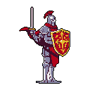 A solitary pixel art knight, clad in detailed armor and brandishing a silver sword and ornate shield, stands ready against a stark black backdrop. The stoic pose and rich color palette evoke a sense of classic medieval heroism with a retro gaming charm.