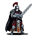 A pixel art knight stands resolute in full plate armor, a red-plumed helmet atop their head and a two-handed sword held ready. The warrior's red and white tabard adds a splash of color to the otherwise muted tones, evoking a classic fantasy hero against a stark black background.