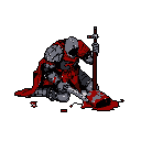 A heavily armored knight, defeated and bloodied, kneels in despair with a massive weapon at their side. The stark red against the grey armor and black background emphasizes the tragedy of this fallen warrior.