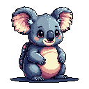 This pixel art features an adorable, stylized koala with a curious expression and a tiny, intriguing backpack. The charming character, rendered in soft blues and pinks, exudes innocence and warmth against a stark black background.