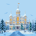 This pixel art showcases a majestic, snow-covered chateau with illuminated windows, hinting at warmth within a serene winter landscape. A snow-laden path leads to the grand building, framed by frosted pines and a light blue sky dotted with birds. The scene evokes a peaceful and nostalgic winter wonderland.