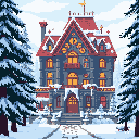 This pixel art showcases a grand, snow-dusted mansion with warmly lit windows, hinting at cozy secrets within. The building's ornate details and glowing facade create a striking contrast against the cold winter landscape.